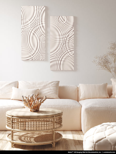 Living room with beige sofa, wicker table, and textured 3d wall art