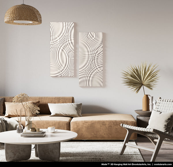Modern living room with a brown sofa, coffee table, and decorative, textured 3d hanging wall art.