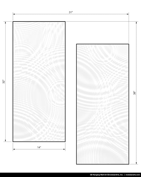 Dimensions of a rectangular 3d hanging wall art piece with wavy ripple pattern