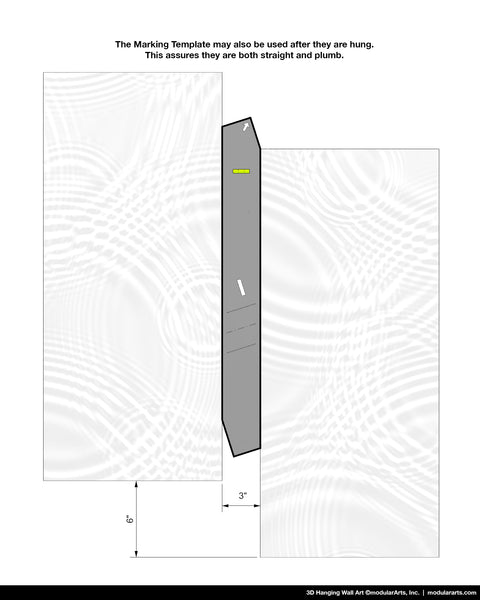 Diagram of a wall art marking template with dimensions on a white background. Includes text that says the marking template may also be used after they are hung. This assures they are both straight and plumb