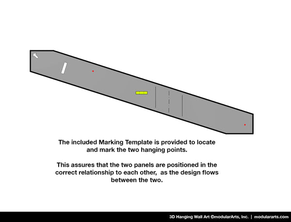 Marking template that's included with hanging points and text on a white background. Text says The included marking template is provided to locate and mark the two hanging points. This assures that the two panels are positioned in the correct relationship to each other, as the design flows between the two